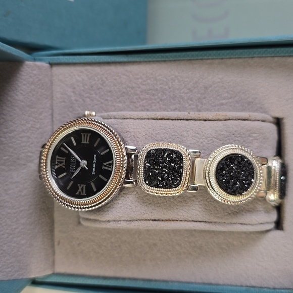 Ecclissi Sterling Silver Quartz Watch Black Druzy Accents + Extra Links - Picture 2 of 16